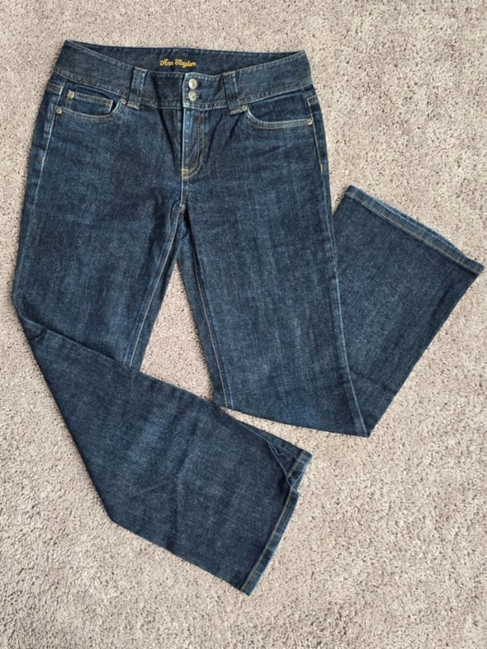 Ann Taylor Modern Fit Lindsay Waist Bootcut Jeans Dark Double Button Womens 8